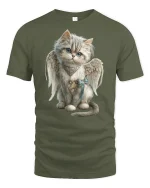 Angel Cat with Wings Cute Fantasy Art T-Shirt - military green t-shirt on white background
