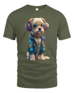 Cool DJ Dog with Headphones Funny Style T-Shirt - military green t-shirt on white background