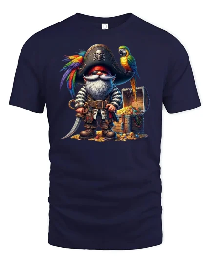Pirate Gnome with Parrot and Treasure Chest T-Shirt - navy t-shirt on white background