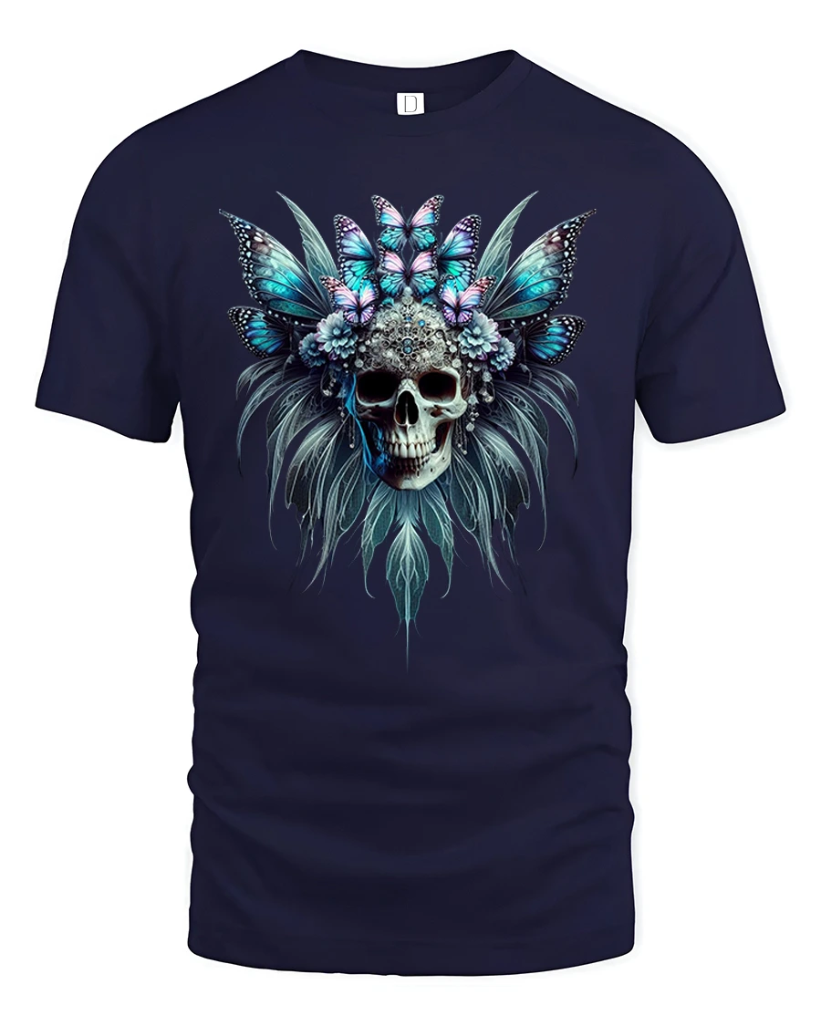 Butterfly Skull Headdress Gothic Fantasy Art T-Shirt - 1 Butterfly Skull Headdress Gothic Fantasy Art T-Shirt - navy t-shirt on white background