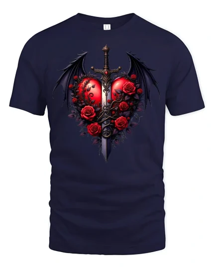Gothic Heart Sword and Roses Dark Love T-Shirt - navy t-shirt on white background