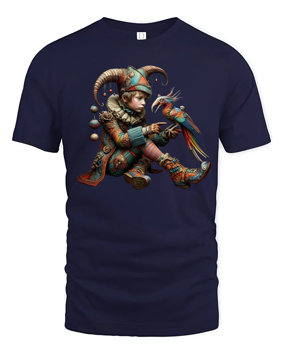 Fantasy Jester Boy and Parrot Art Magic T-Shirt - 1 Fantasy Jester Boy and Parrot Art Magic T-Shirt - navy t-shirt on white background