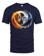 Sun and Moon Lion Yin Yang Balance Art T-Shirt - navy t-shirt on white background