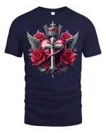 Gothic Heart Cross Wings and Roses Crown T-Shirt - navy t-shirt on white background