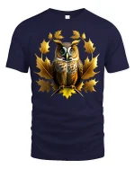 Autumn Owl with Golden Leaves Nature Art T-Shirt - navy t-shirt on white background