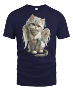 Angel Cat with Wings Cute Fantasy Art T-Shirt - navy t-shirt on white background