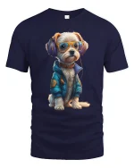 Cool DJ Dog with Headphones Funny Style T-Shirt - navy t-shirt on white background
