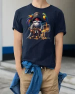 Pirate Gnome with Parrot and Treasure Chest T-Shirt - model wearing navy tee with hands in pockets