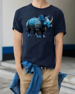 Blue Rhino Armor Tribal Art Animal Spirit T-Shirt - model wearing navy tee with hands in pockets