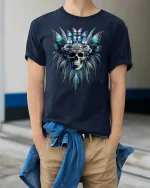 Butterfly Skull Headdress Gothic Fantasy Art T-Shirt - model wearing navy tee with hands in pockets