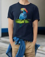 Funny Blue Parrot Summer Vibes Sunglasses T-Shirt - model wearing navy tee with hands in pockets