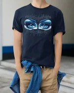 Blue Music Eyes Art Design Mysterious Beauty Tee - model wearing navy tee with hands in pockets