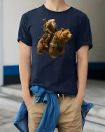 Viking Warrior Riding Bear Epic Fantasy Art T-Shirt - model wearing navy tee with hands in pockets