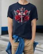 Gothic Heart Cross Wings and Roses Crown T-Shirt - model wearing navy tee with hands in pockets
