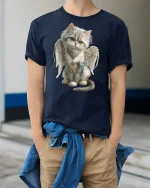 Angel Cat with Wings Cute Fantasy Art T-Shirt - model wearing navy tee with hands in pockets