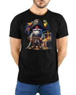 Pirate Gnome with Parrot and Treasure Chest T-Shirt - model wearing black tee with hands behind back