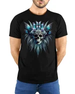 Butterfly Skull Headdress Gothic Fantasy Art T-Shirt - model wearing black tee with hands behind back