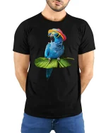 Funny Blue Parrot Summer Vibes Sunglasses T-Shirt - model wearing black tee with hands behind back