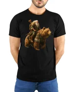 Viking Warrior Riding Bear Epic Fantasy Art T-Shirt - model wearing black tee with hands behind back