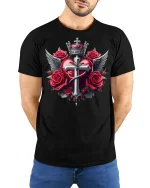 Gothic Heart Cross Wings and Roses Crown T-Shirt - model wearing black tee with hands behind back