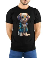 Cool DJ Dog with Headphones Funny Style T-Shirt - model wearing black tee with hands behind back