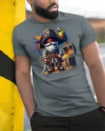 Pirate Gnome with Parrot and Treasure Chest T-Shirt - model wearing grey tee, leaning on column