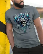 Butterfly Skull Headdress Gothic Fantasy Art T-Shirt - model wearing grey tee, leaning on column