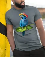 Funny Blue Parrot Summer Vibes Sunglasses T-Shirt - model wearing grey tee, leaning on column