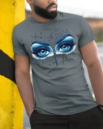 Blue Music Eyes Art Design Mysterious Beauty Tee - model wearing grey tee, leaning on column