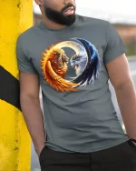 Sun and Moon Lion Yin Yang Balance Art T-Shirt - model wearing grey tee, leaning on column