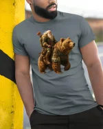 Viking Warrior Riding Bear Epic Fantasy Art T-Shirt - model wearing grey tee, leaning on column