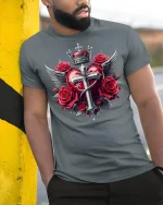 Gothic Heart Cross Wings and Roses Crown T-Shirt - model wearing grey tee, leaning on column