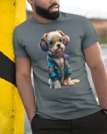 Cool DJ Dog with Headphones Funny Style T-Shirt - model wearing grey tee, leaning on column