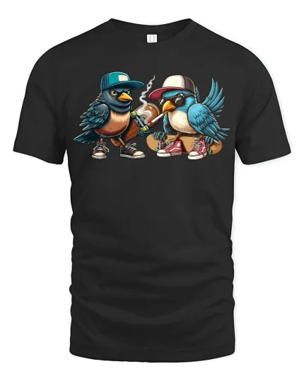 Cool Street Birds Hip Hop Style Funny Graphic T-Shirt - black t-shirt on white background