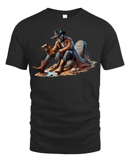 Skeleton Cowboy Lost Hat Western Desert Spirit T-Shirt - black t-shirt on white background