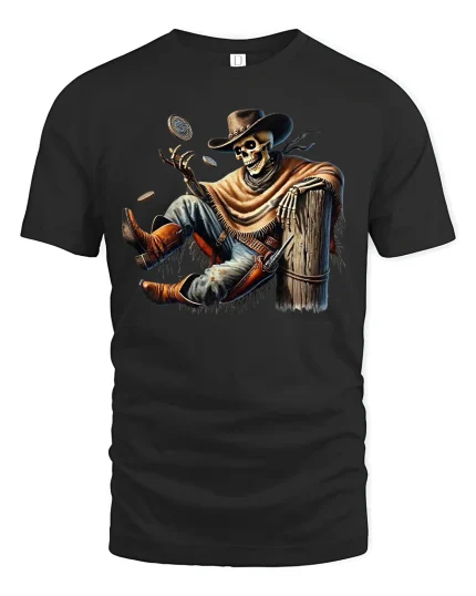 Skeleton Cowboy Flipping Coins Western Outlaw T-Shirt - black t-shirt on white background