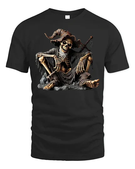 Skeleton Wizard Resting On Rocks Dark Magic Graphic Tee - black t-shirt on white background