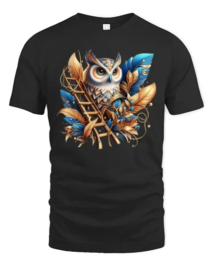 Golden Blue Owl Wisdom Feathers Fantasy Art T-Shirt - black t-shirt on white background