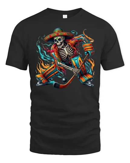 Skeleton Hockey Player Sombrero Fire Power T-Shirt - black t-shirt on white background