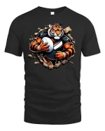 Fierce Tiger Football Player Breakthrough Power T-Shirt - black t-shirt on white background