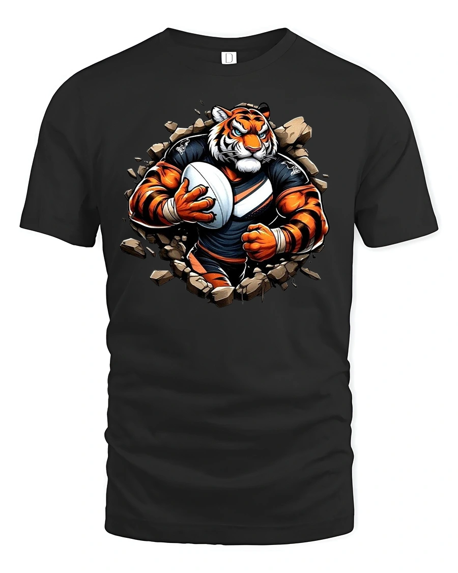 Fierce Tiger Football Player Breakthrough Power T-Shirt - 1 Fierce Tiger Football Player Breakthrough Power T-Shirt - black t-shirt on white background