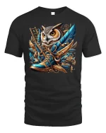 Wise Owl in Boots Golden Feathers Fantasy Art T-Shirt - black t-shirt on white background