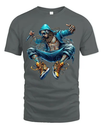 Street Rapper in Hoodie Urban Hip Hop Style T-Shirt - gray t-shirt on white background