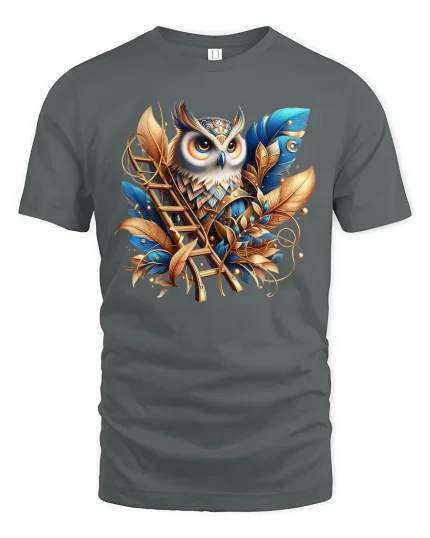 Golden Blue Owl Wisdom Feathers Fantasy Art T-Shirt - gray t-shirt on white background