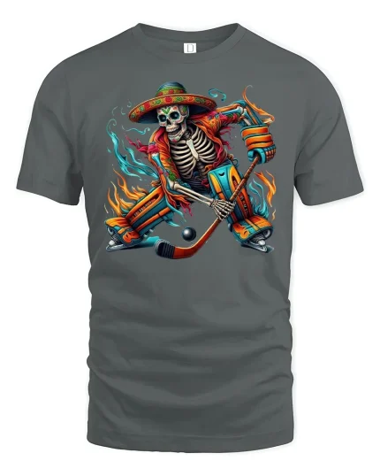 Skeleton Hockey Player Sombrero Fire Power T-Shirt - gray t-shirt on white background