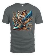 Wise Owl in Boots Golden Feathers Fantasy Art T-Shirt - gray t-shirt on white background