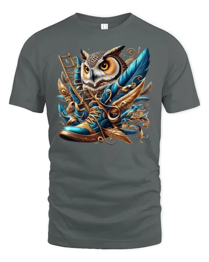 Wise Owl in Boots Golden Feathers Fantasy Art T-Shirt - gray t-shirt on white background