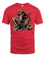 Skeleton Wizard Resting On Rocks Dark Magic Graphic Tee - red t-shirt on white background