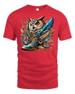Wise Owl in Boots Golden Feathers Fantasy Art T-Shirt - red t-shirt on white background
