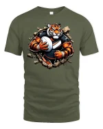 Fierce Tiger Football Player Breakthrough Power T-Shirt - military green t-shirt on white background
